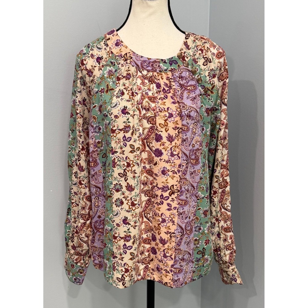 NWT Loft Womens Small Patchwork Floral Paisley Button Neck Blouse Cottagecore